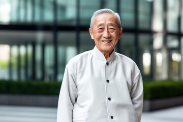 Portrait of a Chinese man in his 80s in a modern architectural background wearing a chic cardigan