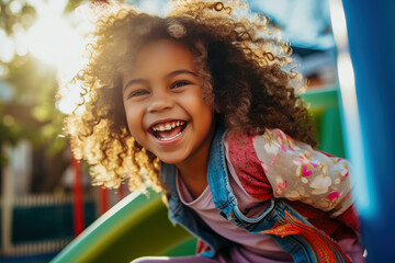 Kids having a fun time together. Group of diverse Kids playing together on a playground	