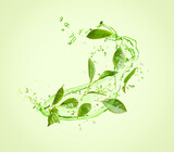 Fototapeta Panele - Splashes of refreshing drink with leaves on pale green background. Green or matcha tea