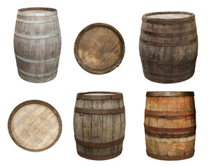 Wall Mural - Different wooden barrels isolated on white, top and side views. Collage design