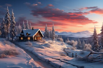 Wall Mural - House in snow for winter holidays. Merry christmas and happy new year concept. Background