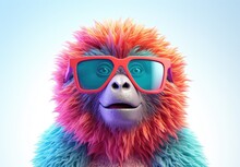 Close-up Of A Smiling Gibbon With Glasses. A Toy Fluffy Monkey Is Looking At Us. Digital Art. Cute Cartoon Character. Illustration For Card, Poster, Cover, Print, Etc.