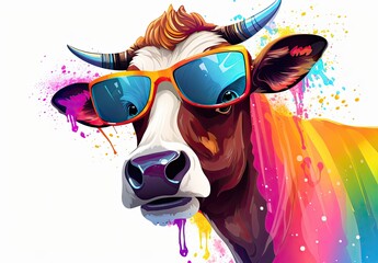 Wall Mural - Portrait of funny cow with sunglasses. Concept of humor. Illustration for cover, card, postcard, interior design, decor or print.
