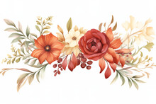 Watercolor Clipart Minimalist Floral Rectangle Frame, Features Delicate Flowers In Shades Of Rustic Red And Deep Gold. The Red Blooms Have Hints Of Burnt Orange