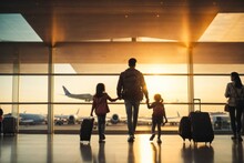 Silhouettes Of Family In Airport, Waiting For You Holiday 