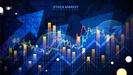 Wall Mural - Successful stock market statistical information and trends with up arrows. Futuristic financial trading chart. Economic information growth background