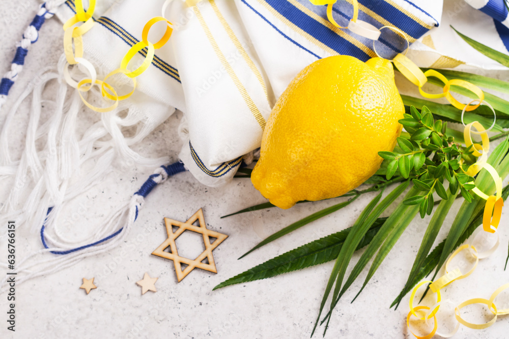 Jewish holiday Sukkot. Traditional symbols, citron, myrtle, branch of