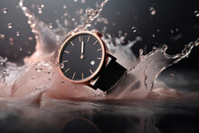 Beautiful Luxury Gold Women's Watch With A Black Dial And A Black Strap On A Beautiful Background With Splashes Of Water Or Other Pink Liquid. Generative Ai
