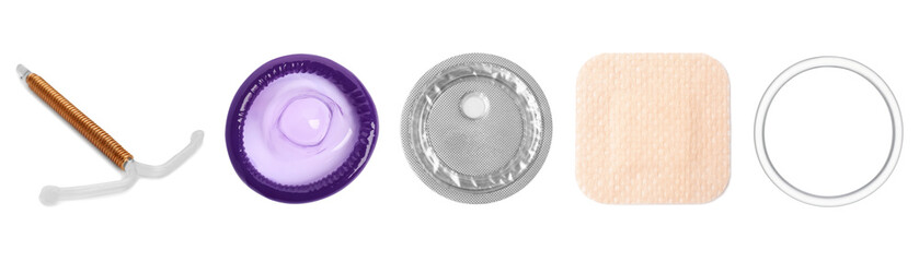 contraceptive patch, vaginal ring, condom, intrauterine device and emergency pill isolated on white.