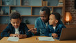 © Yuliia - Single parent African American father man babysitter private teacher with two boys kids children help little schoolboy son child boy with school homework teaching writing task distant home education
