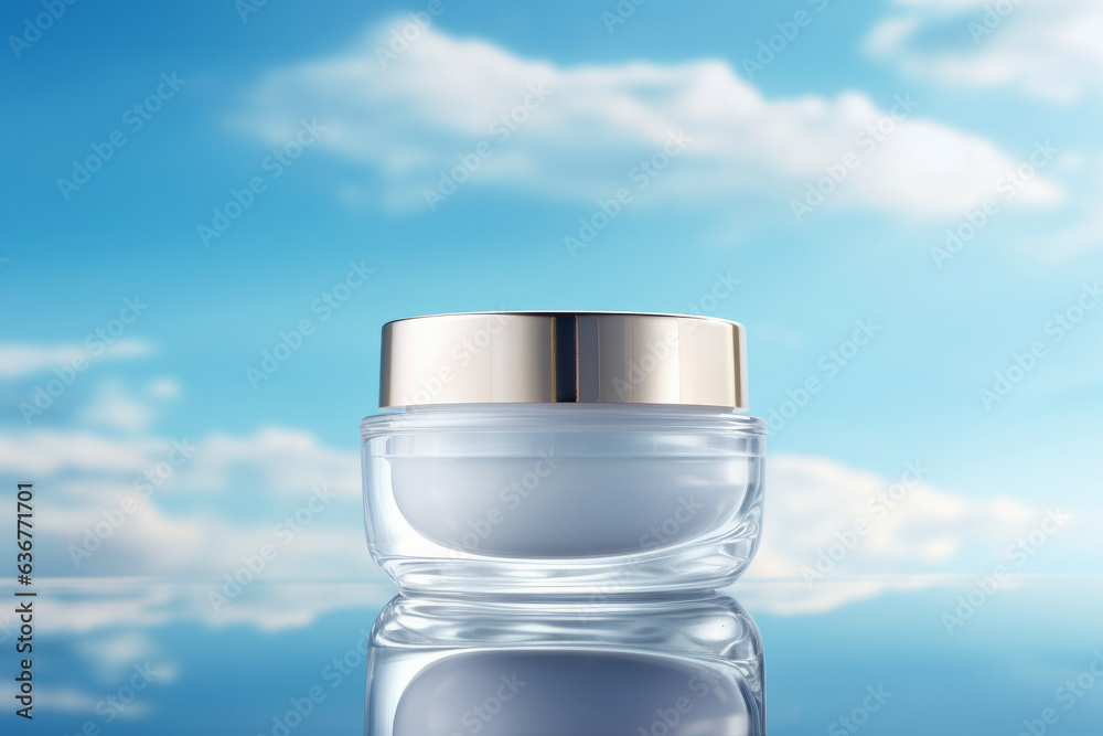 Beautiful transparent white cream without a name on a beautiful sky ...