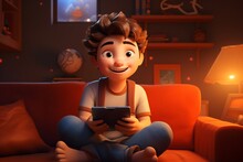 A kid sitting on the couch and playing games on his phone