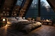 A cozy bedroom interior design with dim lighting and V shaped roof