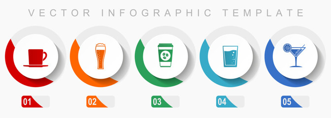 Aufkleber - Drinks icon set, miscellaneous icons such as cup, glass and drink, flat design vector infographic template, web buttons in 5 color options