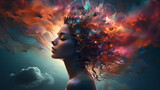 Fototapeta  - AI-Infused Euphoria: Expressive Portrait of a Woman Merged with Cosmic Nebula and Virtual Artistry, Capturing Authentic Spirituality