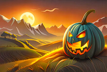 Monster Pumpkin Halloween Vector Illustration With Haunted House