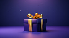 Purple Gift Box With Golden Bow On Purple Background. 3D Rendering. Gift Box On Background With Bokeh. Gift Box With Golden Bow. Gold Ribbon And Confetti. Vector Illustration.
