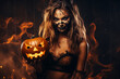 © Nadezhda - Portrait of beautiful young woman with halloween pumpkin in her hands. sexy woman with halloween pumpkin. halloween costume