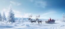 Ai Generative Of Santa On A Sleigh With Reindeer Rides Through The Winter Forest. New Year's Card. Christmas Atmosphere. Vintage Colors. 