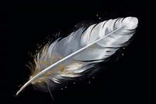 A Large, Beautiful, White Feather With Golden Threads On A Black Background