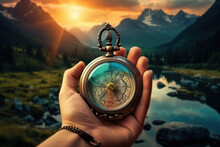 Beautiful Landscape With Old Compass On Traveler's Hand. The Concept Of Navigating The Search For Your Own Path. AI Generated