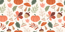 Seamless Autumn Pattern With Mushrooms, Pumpkins And Plants