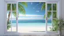  An Open Window With A View Of A Beach And Palm Trees.  Generative Ai