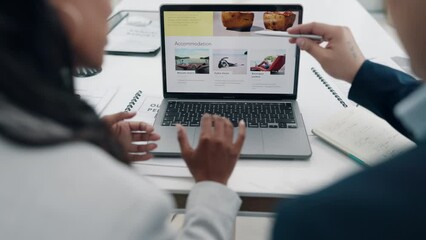 Aufkleber - Laptop screen, man and woman on website for research in office pitch, online review and information analysis..Business people, internet search on computer and about us article for proposal from back.