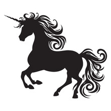 Magic Unicorn Silhouette, Stylish Icons,vintage, Background, Horses Tattoo. Hand Drawn Unicorn Vector Illustration, Outline Black.