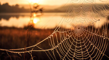 After The Morning Dew, A Golden Spiderweb Glistens In The Sunlight.