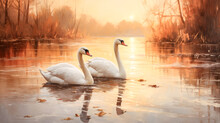 The Swans Peacefully Glide Across The Lake On A Golden Day.
