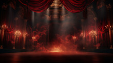 Stage With Red Curtains, Smoke, Lighting And Chandeliers