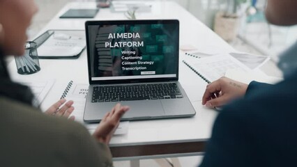 Presentation, business people and laptop screen with AI, platform and work planning information. Meeting, company and staff with discussion, communication and collaboration for SEO website update
