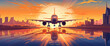Frontal view of a plane landing at an airport against sunset. Generative AI