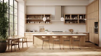 Sticker -  a large kitchen with a center island surrounded by wooden cabinets.  generative ai