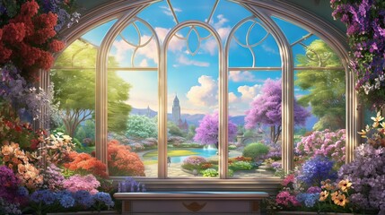 Wall Mural -  a painting of a window with a view of a garden.  generative ai