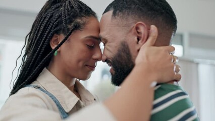 Poster - Love, dance and relax with a couple in the living room of their home together for romance closeup. Face, smile or intimate with a man and woman moving to music in their house for happy freedom