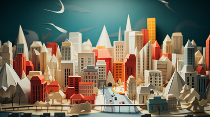 Wall Mural - Street view of origami paper city