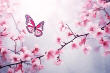 Beautiful Pink Cherry Blossom With Butterfly On Blue Sky Background