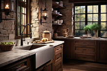 Rustic Kitchen With Stone Walls And A Reclaimed Wood Ceiling. Dark Cherry Cabinets