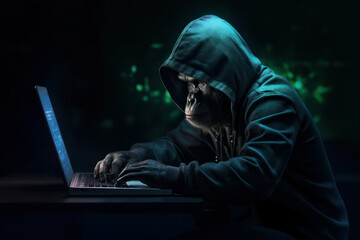 Hooded monkey hacker  typing on a laptop keyboard in a dark room