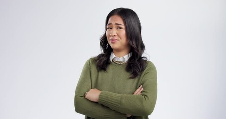 Wall Mural - Face, doubt and no choice by woman in studio with fail, wrong or opinion protest on white background. Portrait, reject and model with feedback, review or emoji vote to fake news, drama or decision