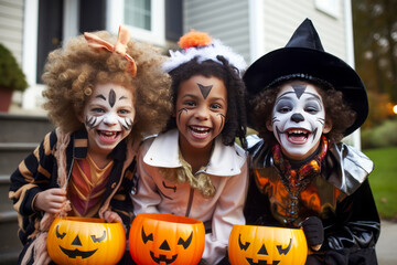 Kids trick or treat in Halloween costume. Happy Halloween