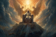 Jesus Christ Sits On A Throne In Kingdom Heaven With Golden Light, Clouds And Angels