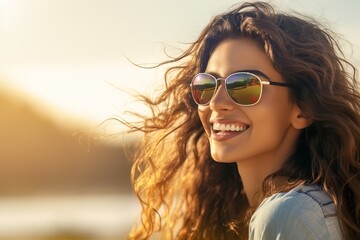 Poster - Beautiful girl in dark glasses in nature.