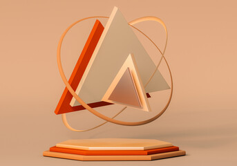 Poster - 3D yellow orange round podium with triangles. Pedestal for product presentation on beige background. Autumn warm color palette.