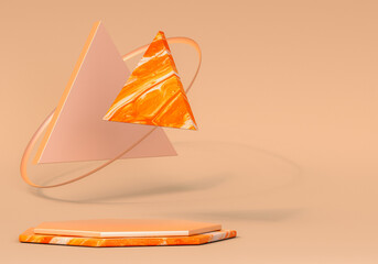 Poster - 3D marble orange podium with triangle. Pedestal for product presentation on clean background. Marbled texture, geometrical shapes