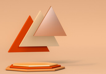 Poster - 3D bright yellow orange round podium with triangles. Pedestal for product presentation on beige background. Autumn warm color palette. Vertical