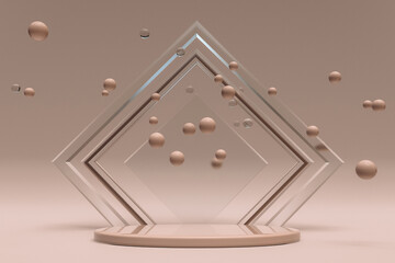 Poster - 3d minimal beige product promotion pedestal background with stand and bubbles. Empty podium for promotion. Geometrical artwork