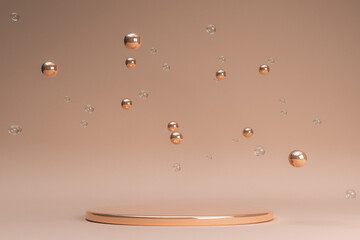 Poster - 3d minimal golden beige product promotion pedestal background with stand and bubbles. Empty podium for promotion.